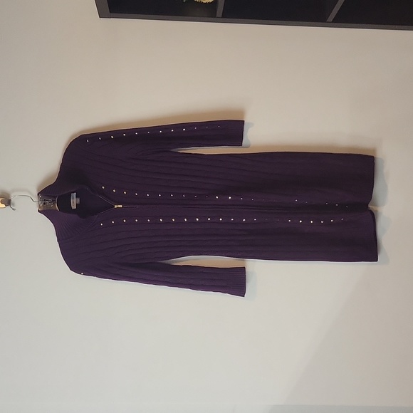 CALVIN KLEIN Plum Purple Gold Tone Studded Full Zip Long Cardigan Dress - Picture 1 of 11
